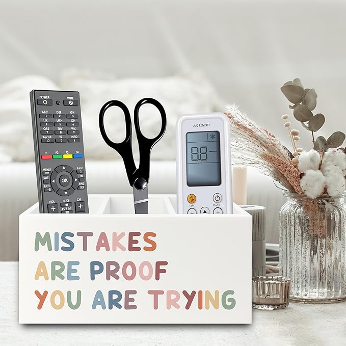 Boho Inspirational Pen Pencil Holder Organizer for Desk, Positive Inspirational Gifts, Mistakes are Proof You are Trying Motivational Wooden Box Sign for Classroom Desk Tabletop Decorations
