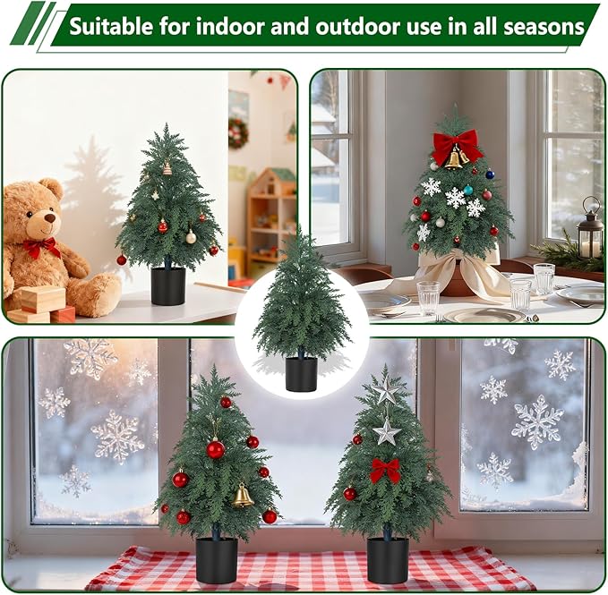 2FT Artificial Topiary Tree with Pot, 2 Pack Fake Evergreen Tree for Porch, Artificial Plants for Outdoor Christmas Home Garden Decor