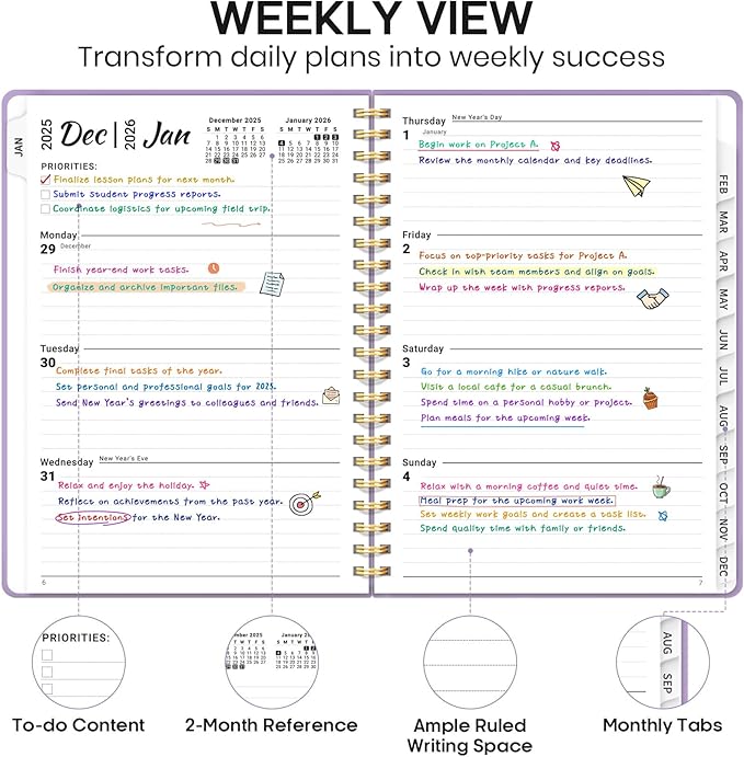 2026 Planner 8.5" x 11", Weekly and Monthly Calendar Planner Book, January 2026 - December 2026, Hardcover Spiral Planner with Monthly Tabs, Notes Pages, Perfect for Women & Men, A4 - Lavender