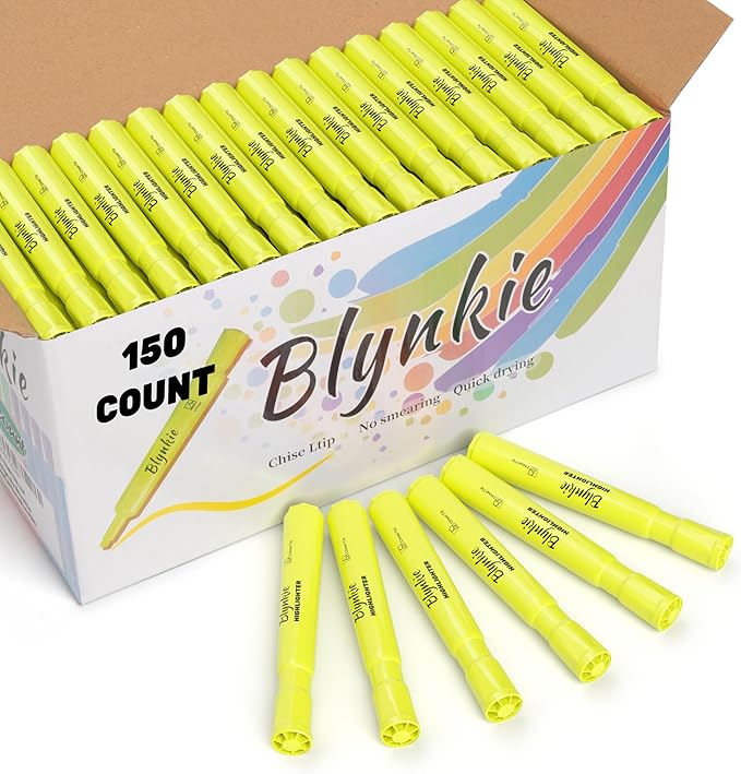 Highlighters Bulk 150 Pack of Yellow Colors Tank Style Chisel Tip Highlighters Set for Kid and Adult Coloring Highlighting for Classroom Office School Supplies and Shop Short Style.