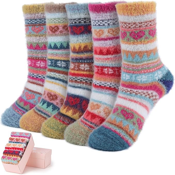 ICEIVY 5 Pair Fuzzy Cozy Socks for Women - Warm Comfy Soft Casual Home Sleep Winter Wool Socks - Gifts for Women