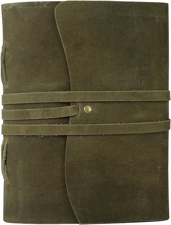 Handmade Leather Journal 7x5 Inch | Green Vintage Notebook with Unlined Pages | Cotton Recycled Paper | Antique Travel Diary, Sketchbook, Writing Journal for Men & Women