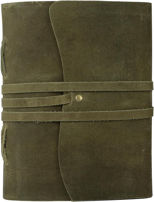 Handmade Leather Journal 8x6 Inch | Green Vintage Notebook with Unlined Paper | Cotton Recycled Paper | Antique Travel Diary, Sketchbook, Writing Journal for Men & Women