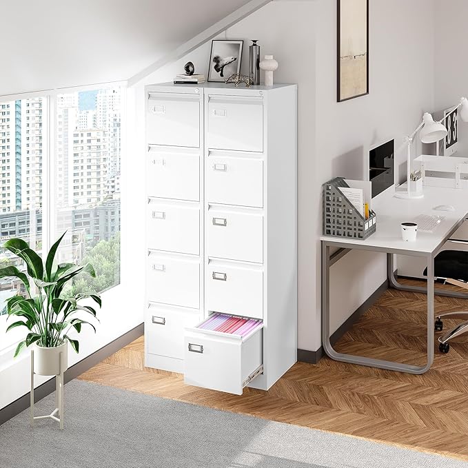 5 Drawer File Cabinet with Lock Metal Vertical File Cabinet Office Home Vertical File Cabinet for A4 Legal/Letter Size Narrow File Cabinet Locked,Assembly Required (White, 5 Drawers-Vertical)