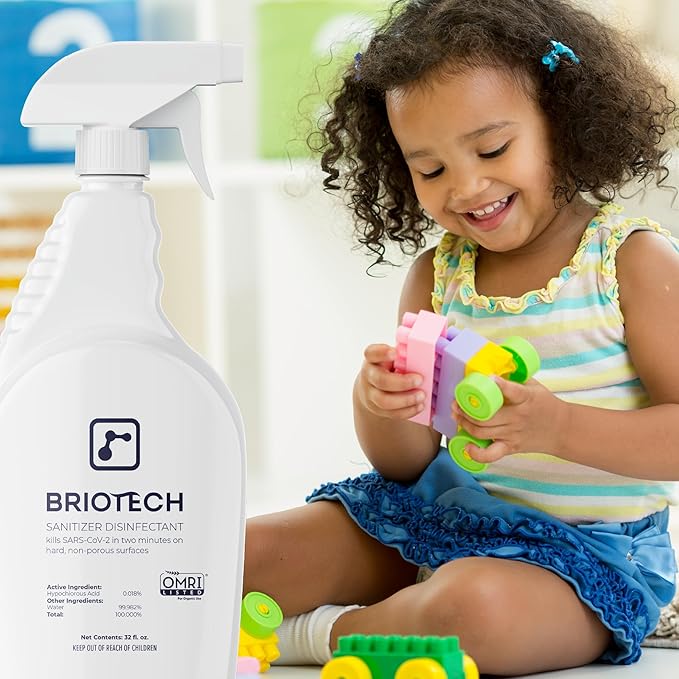 BRIOTECH Sanitizer Disinfectant Hypochlorous Spray, Kill 99.99% of Viruses & Bacteria, Control Mold, Eliminate Odor, Gentle for Nursery & Play Rooms, Food Contact Surface Sanitizer, 32 fl oz (12 Pack)