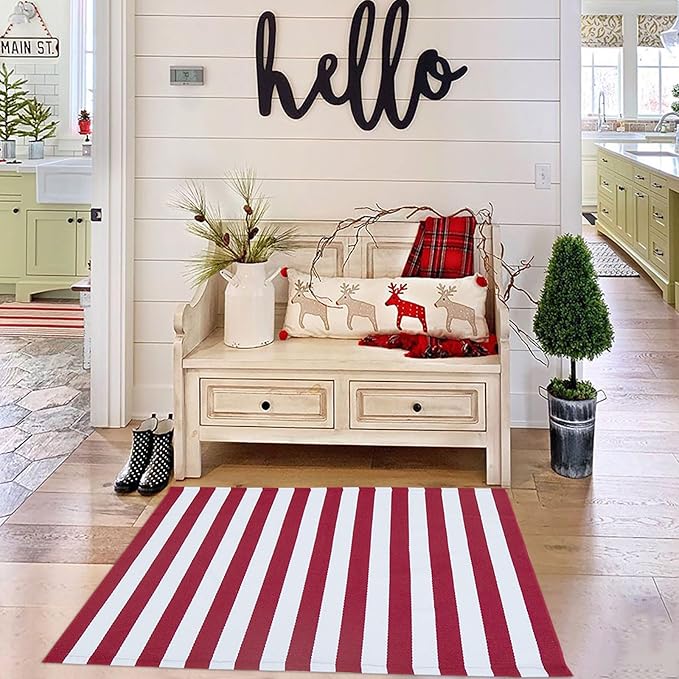 Christmas Outdoor mat Red and White Striped Outdoor Rug Front Porch Rug,Christmas Home Decor, Layerd Welcome Doormat for Front Porch Decor, Front Door, Farmhouse Decor (Red and White, 27.5'' x 43'')