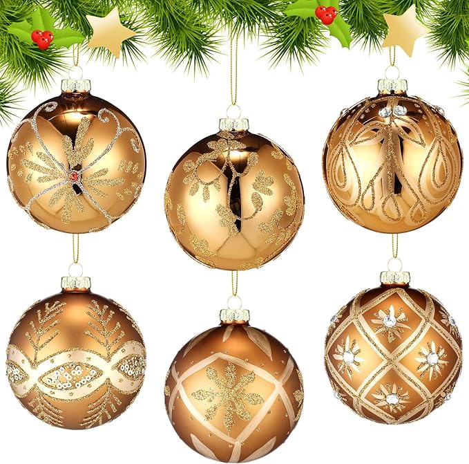 6 Pcs 3.15 Inch Glass Luxury Christmas Ball Bronze and Gold Ball Ornaments Glass Christmas Tree Decorations Luxury Hanging Ornaments for Xmas Tree Party Holiday Decor