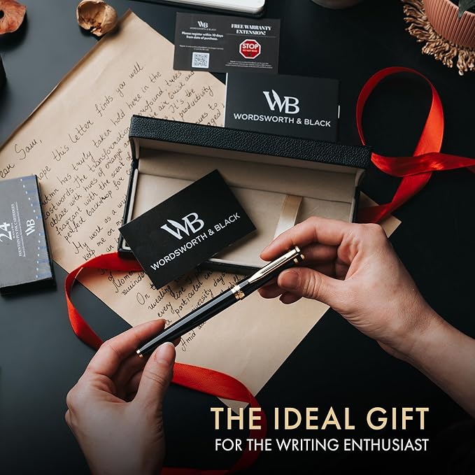 Wordsworth & Black Fountain Pen Set, 18K Gilded Extra Fine Nib, Includes 24 Pack Ink Cartridges, Ink Refill Converter & Gift Box, Gold Finish, Calligraphy, [Black Gold], Perfect for Men & Women