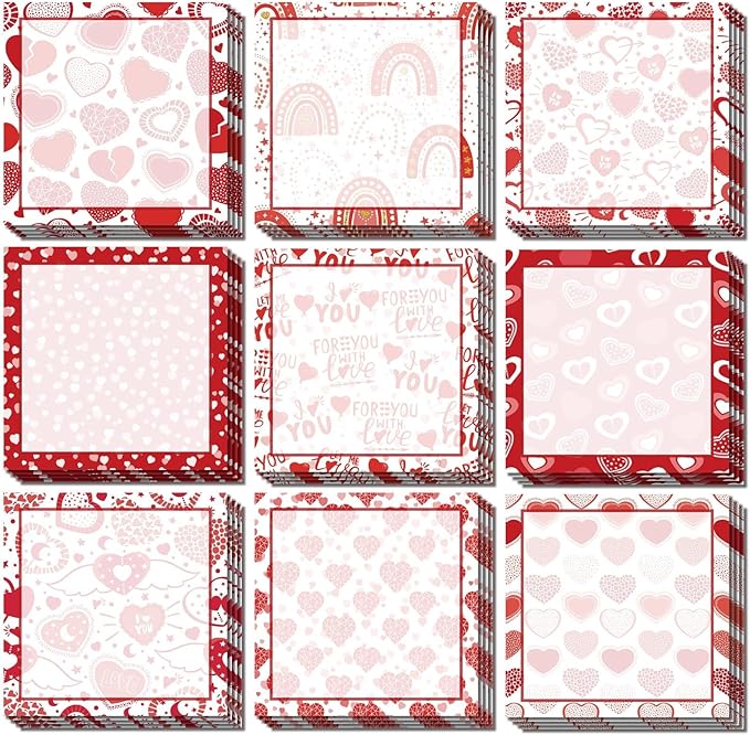 9 Pieces Heart Sticky Notes Valentine Heart Sticky Notes Self-Adhesive Valentine Sticky Note Pads Sticky for School Office Home Supplies Students Teachers Presents