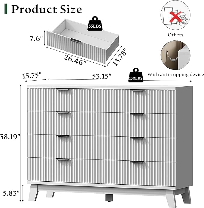 Fluted Dresser with 8 Drawers, 54" Wide Modern Chest of Drawers with Metal Handle, Wooden Dresser TV Stand, Wood Closet Clothes Storage Organizer for Bedroom, Living Room, Hallway, Solid White