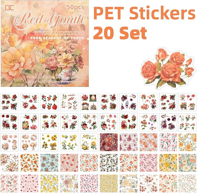 Red Flower Theme Sticker Scrapbooking Supplies for Junk Journal 50 Sheets, Include 25 PET Stickers and 25 Paper of Scene Material Paper - Vintage Journaling Stickers (TZ-006-007)