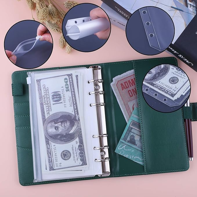 Antner A6 Budget Binder with Zipper Cash Envelopes for Money Organizer & Budgeting, PU Budget Planner Money Saving Binder with Cash Stuffing Envelopes & Labels for Home Office Travel, Dark Green