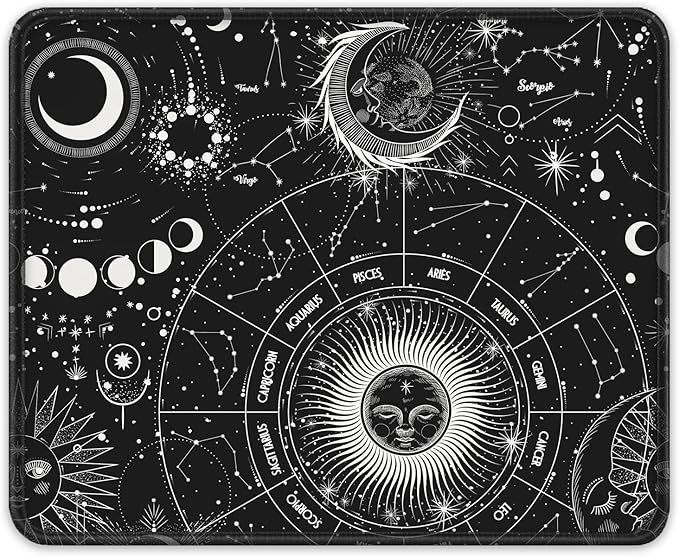 Auhoahsil Mouse Pad, 12 x 10 in Tarot Style Sun Moon Computer Mouse Pad for Desk, Premium-Textured Non-Slip Rubber Stitched Edges Waterproof Square Mouse Mat for Gaming Work Wireless Mice, Black