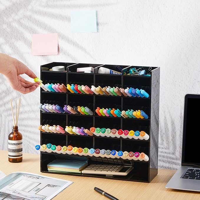 Acrylic Pen Organizer Storage for 250 Markers Vertical Marker Organizer Acrylic Pen Display Holder for Office Desk Desktop Stationery Pencil Storage, Black, 13 x 4 x 12.4 Inch