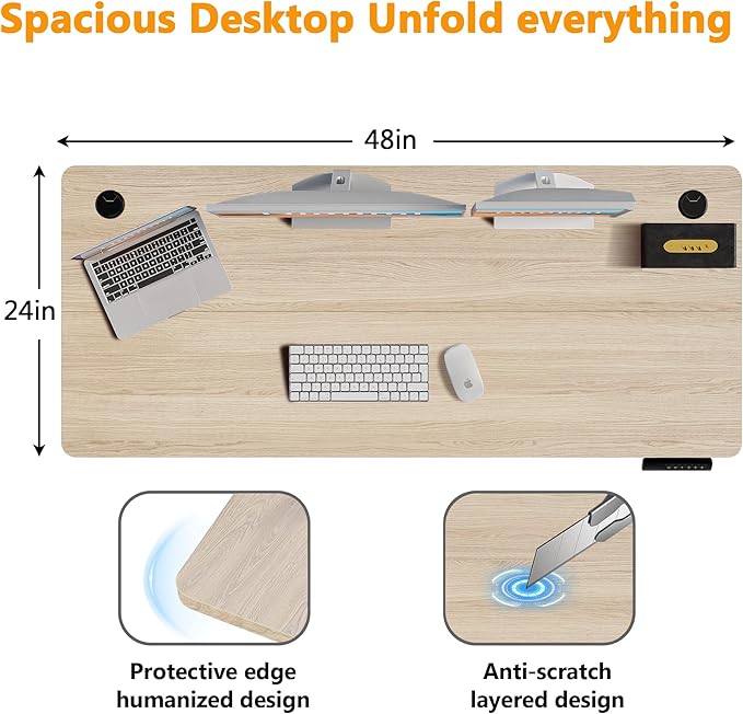 Himimi Electric Standing Desk 48 x 24 inch for Home Office,Sit-Stand Adjustable Desk with Memory Presets,Height Adjustable Desk for Gaming/Working,Free Hook, Lockable Wheels,Oak