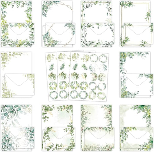 160 Packs Stationery Paper and Envelopes Set 10 Different Designs, 50 One Sided Stationery Writing Papers with 50 Matching Envelopes and 60 Round Dot Sticker, 5.5 x 8.25 Inch (PineLeaf)