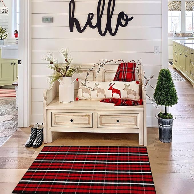 Christmas Plaid Outdoor Rug, 2'4" x 3'7" Red & Black Check Indoor/Outdoor Area Rug, Layering Rug for Hello/Welcome Door Mat, Machine Washable Cotton Woven Farmhouse Mat for Front Porch Décor