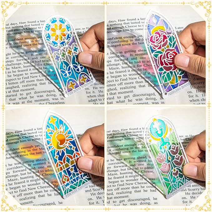 4 Pcs Stained Glass Window Metal Bookmark, Elegant Religious Christian Book Mark Gift for Bible Readers, Handmade Transparent Gothic Arch Bookmarks for Women Men, Lightweight Durable Bible Accessories