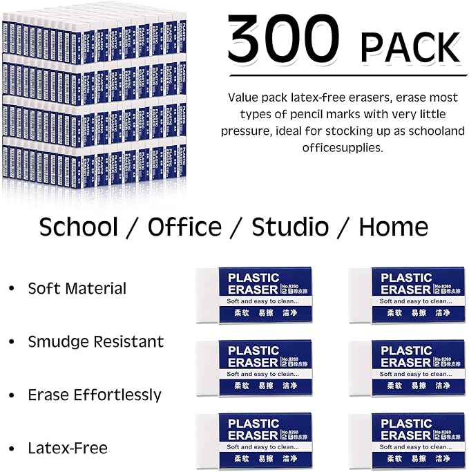 Yeaqee 300 Pcs White Pencil Erasers Bulk Soft Art Erasers School Pencil Erasers for Drawing Kids Student Artist Office Home Writing 1.57 x 0.71 x 0.31 Inch
