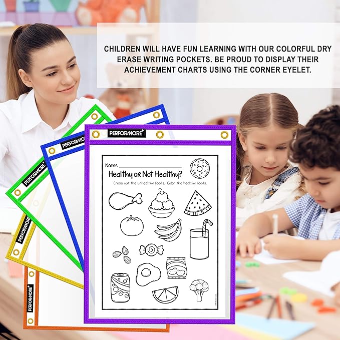 Office Werks Stitched Dry Erase Pockets, Heavy Duty Reusable Sleeves 11.75" X 9.5", Clear Both Sides Plastic Sleeves with 3 Holes for Office, Classroom and More, 5 Trim Assorted Colors (Pack of 10)