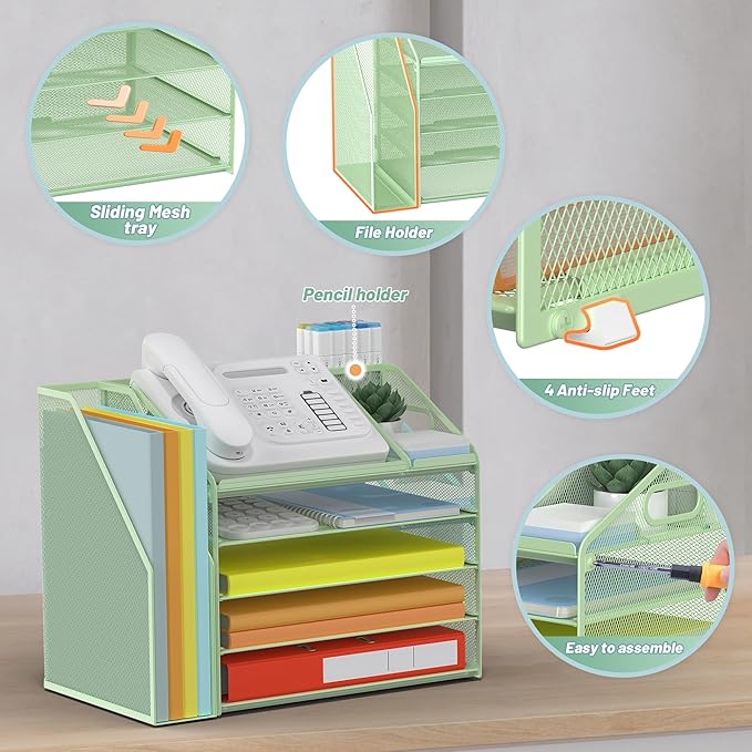 DocNest 5 Tier Paper Letter Tray File Organizer, Mesh Desk File with Handle, Workspace Desk Organizers with Pen Holder, Office Organization Storage Accessories - Green