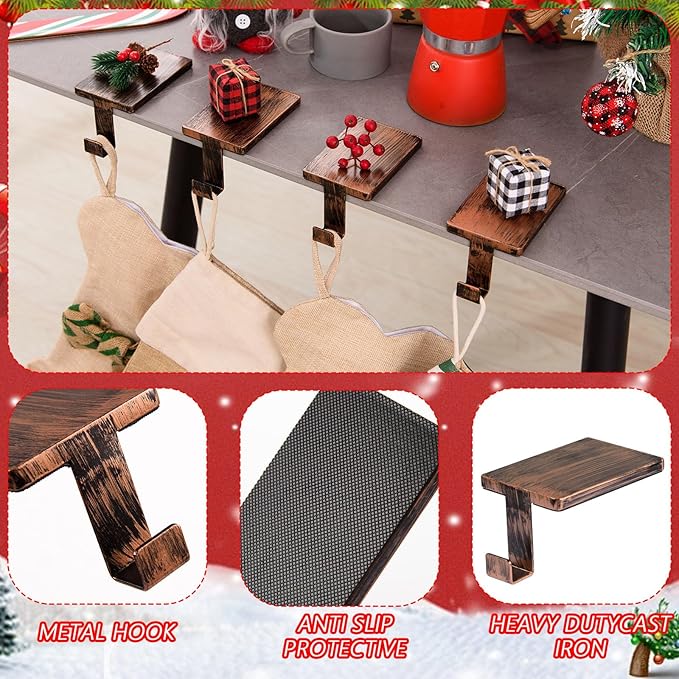 2 Pcs Christmas Stocking Holder for Mantel Fireplace Metal Stocking Hangers Hanging Hooks Heavy Duty Weighted Stocking Holder Bases for Xmas Shelf Fireplace Stair Decor (2, Red Bronze)