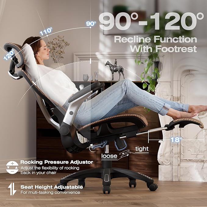 ELABEST X100 Ergonomic Office Chair with Footrest, Big and Tall Home Desk Chair with 5D Flip-Up Arms, Adjustable 10D Lumbar Support,High Back Rolling Computer Chair, Swivel Mesh Chairs