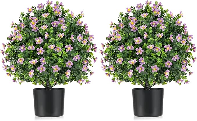 Goplus 21.5'' Artificial Boxwood Topiary Ball Tree, Set of 2 Faux Potted Plants Artificial Shrubs Bushes with Flowers, Fake Evergreen Artificial Topiary for Indoor Outdoor Home Front Porch Decor