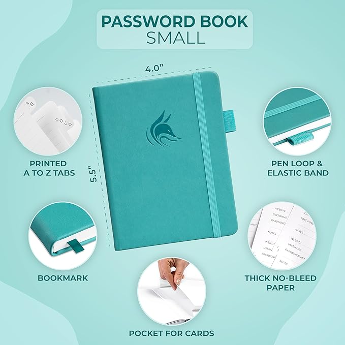 Clever Fox Password Book with alphabetical tabs. Internet Address Organizer Logbook. Small Pocket Password Keeper for Website Logins (Turquoise)