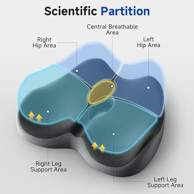 Benazcap Memory Foam Office Chair Cushion, Ergonomic Seat Cushion for Sciatica & Tailbone Pain Relief for Long Sitting for Gaming Chair and Car Seat- Black&Gray