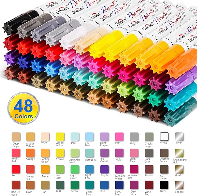 Paint Marker Pens - 48 Colors Permanent Oil Based Paint Markers, Medium Tip, Quick Dry and Waterproof Assorted Color Marker for Metal, Wood, Plastic, Rock Painting, Stone, Canvas, Glass, Ceramics