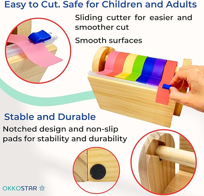 Wood Masking Tape Holder, Kids Tape Dispenser, Craft Tape Dispenser, Multi Roll Tape Dispenser for Kids, Washi Tape Dispenser, Multi Tape Dispenser (Sliding Cutter) *Masking Tape NOT Included