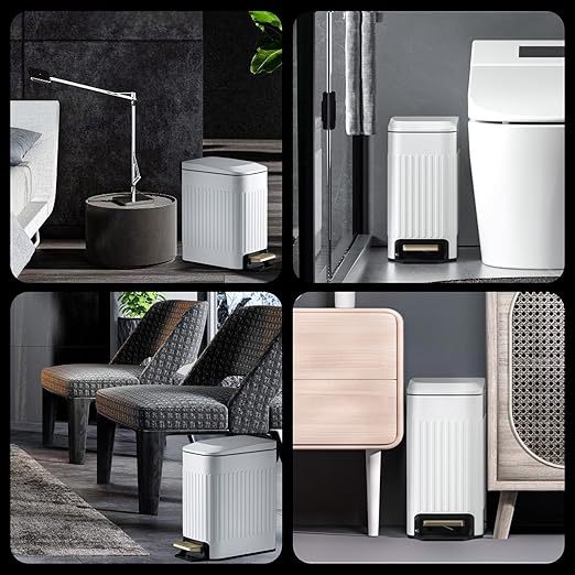 Small Bathroom Trash Can with Lid Soft Close-6L/1.6 Gal Slim Step Garbage Can-Metal Pedal Wastebasket-Narrow Rectangle Garbage Container Bin for Corner Office, Bedroom, Toilet, Live Room-White