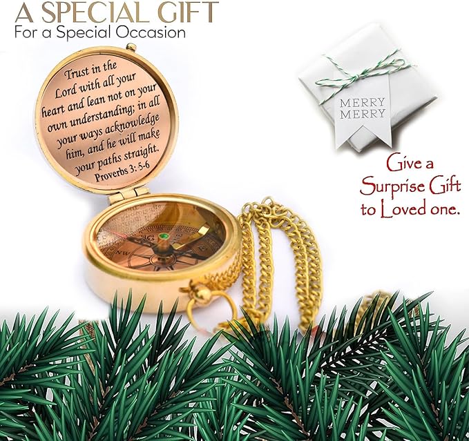 Trust in The Lord With All Your Heart - Proverbs 3:5-6 Quote Engraved Compass With Wooden Box, Greeting Card, Gift Compass, Graduation Day Gifts 2024 for Women Men Boys Girls