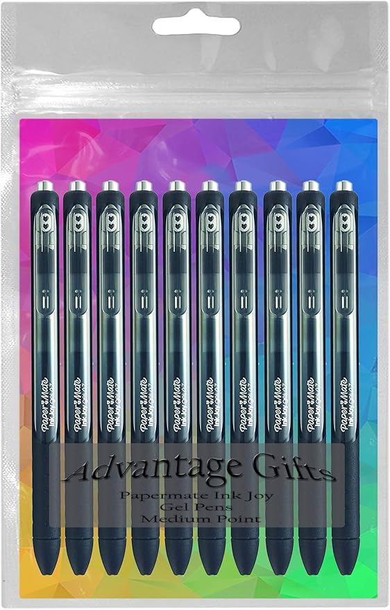 Paper Mate InkJoy Gel Pens, Black Ink, Medium Point (0.7mm), 10 Count, Bundle with Plastic Reusable Pouch