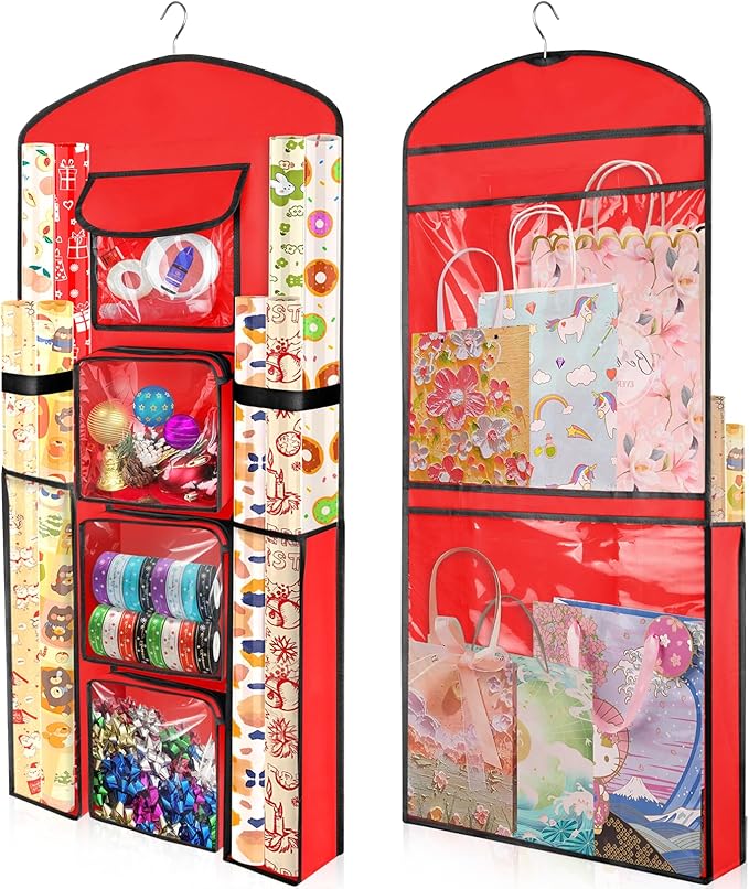 Hanging Gift Wrapping Paper Storage, 40"X17" Red Double-Sided Christmas Wrapper Bag Container, Oxford Craft Roll Organizer, Present Wrap Holder for Bedroom Closet, Door, Cabinet