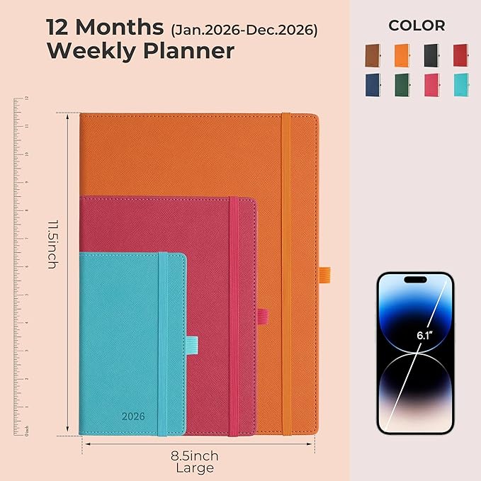 Weekly Monthly 2026 Planner (Jan.26-Dec.26),11.5"x8.5",12 Months Agenda Plan with Month Tabs & Pocket,Expenses/Note Pages, Appointment Book Calendar with Hardcover Vegan Leather Cover,Orange