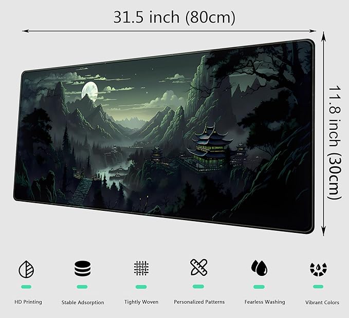 Green Mouse Pad Natural Moon Desk Mat Mousepad XL Large Extended Desk Pad Anime Mountains Desk Matt for Desktop, Laptop Computer Keyboard Mouse Mat for Women Office Decor Accessories 31.5x11.8 in