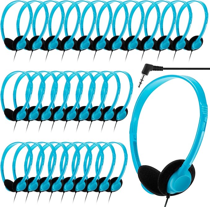 Yunsailing 30 Pack Class Set Headphones for Students Bulk School Headsets Earphones with 3.5mm Jack Classroom Must Haves Teacher Supplies for Adults Laptop Computer(Lake Blue)