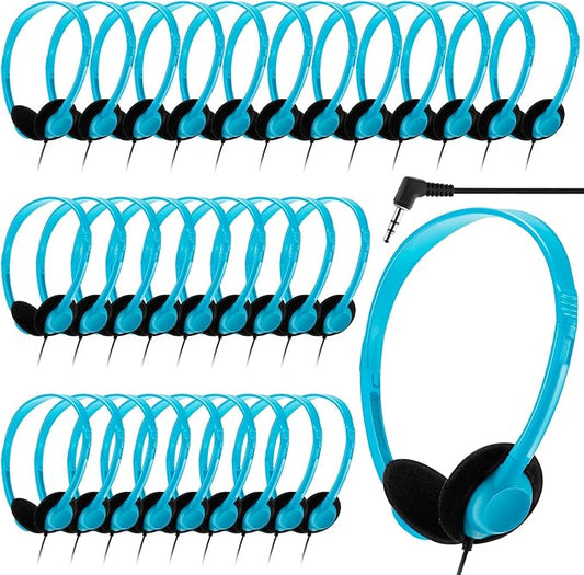 Yunsailing 30 Pack Class Set Headphones for Students Bulk School Headsets Earphones with 3.5mm Jack Classroom Must Haves Teacher Supplies for Adults Laptop Computer(Lake Blue)