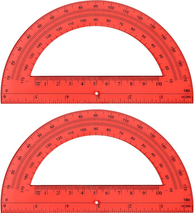 Zonon 2 Pcs 6 Inch Plastic Protractor Math Protractors 180 Degrees Angle Measurement, Translucent for Geometry Classroom Kid Student School Office Supplies(Red)