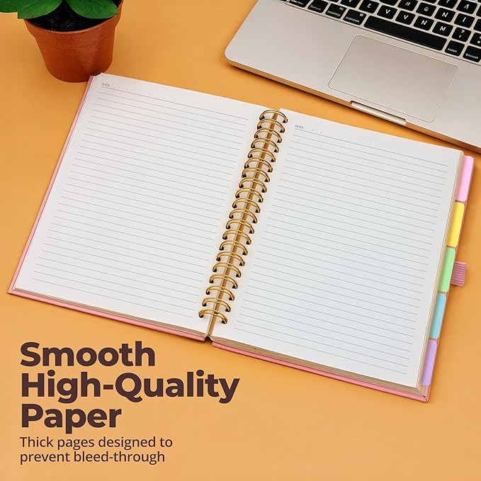 Hardcover Leather Lined Spiral Notebook 8x10" with Removable Dividers - Pink - 300 Pages 5 Subject College Ruled Notebook for Work with Tabs, Pockets, and Pen Loop for Note Taking, Large Journal