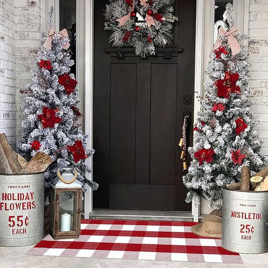 Christmas Plaid Outdoor Rug, 2'x4'3'' Red&White Check Indoor/Outdoor Area Rug, Layering Rug for Hello/Welcome Door Mat, Machine Washable Cotton Woven Rug for Farmhouse Front Porch, Entryway