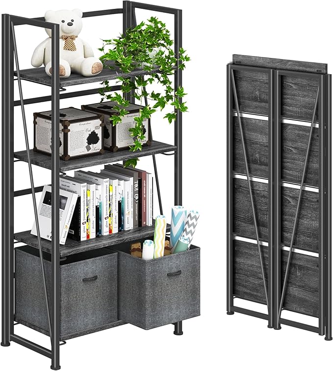 4NM No Assembly Folding Bookshelf Storage Shelves 4 Tiers Vintage Bookcase Standing Racks Study Organizer Home Office (Gray Black)