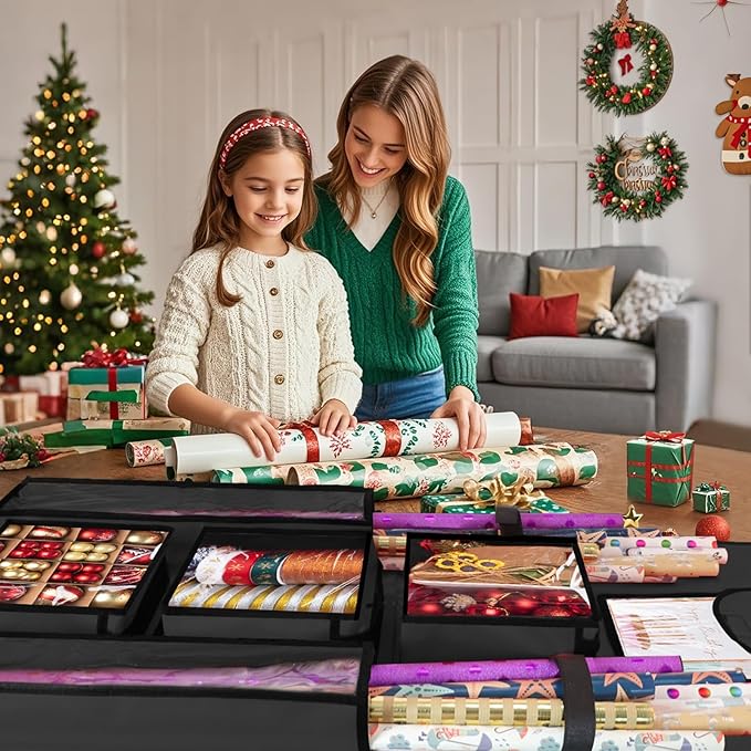 Hanging Gift Wrapping Paper Storage, 48x24 (Extra Large) Black Double-Sided Christmas Wrapper Bag Container, Oxford Long Craft Roll Organizer, Present Wrap Holder for Closet, Door