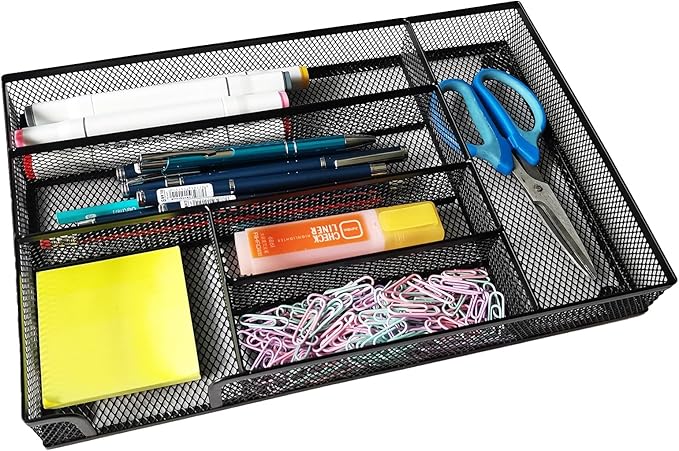Desk Drawer Organizer Metal Mesh Drawer Organizer Tray for Office School or Home Supplies Desktop Storage Stationery，6 Compartments, 12.6 x 8.27 x 1.57 inch，Black (1pc pack)