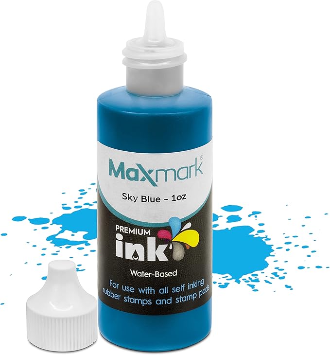MaxMark Premium Refill Ink for self Inking Stamps and Stamp Pads, Sky Blue Color - 1 oz.
