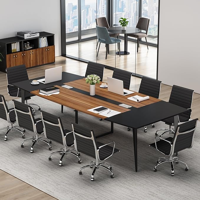 Tribesigns 8FT Conference Table, 94.48L x 47.24W x 29.52H Inches Boat Shaped Meeting Table with Rectangle Grommet, Modern Seminar Boardroom Table for Office Conference Room (8ft, Walnut & Black)
