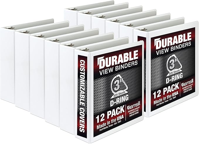 Samsill Durable 3 inch 3 Ring Binder, Made in USA, D Ring Binder, FSC 100% Recycled Chipboard, White, 12 Pack