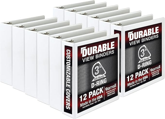 Samsill Durable 3 inch 3 Ring Binder, Made in USA, D Ring Binder, FSC 100% Recycled Chipboard, White, 12 Pack